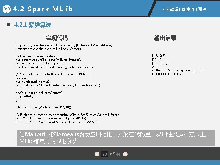 4. 2 Spark MLlib 《大数据》配套PPT课件 4. 2. 1 聚类算法 实现代码 输出结果 import org. apache.