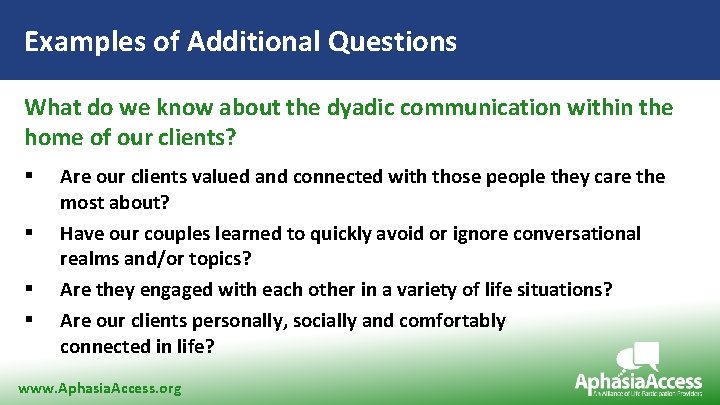 Examples of Additional Questions What do we know about the dyadic communication within the