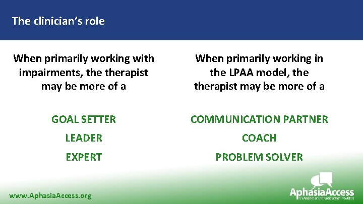 The clinician’s role When primarily working with impairments, therapist may be more of a