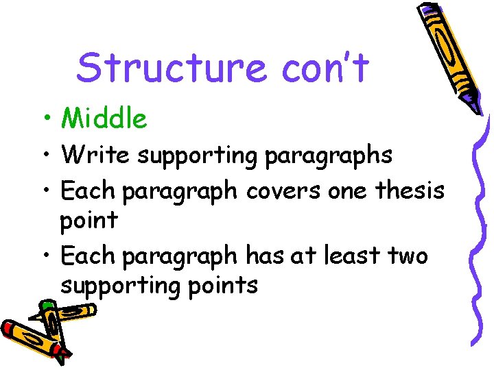 Structure con’t • Middle • Write supporting paragraphs • Each paragraph covers one thesis