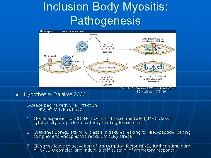 Inclusion Body Myositis: Pathogenesis n Hypothesis- Dalakas 2006 Dalakas, 2006 Disease begins with viral