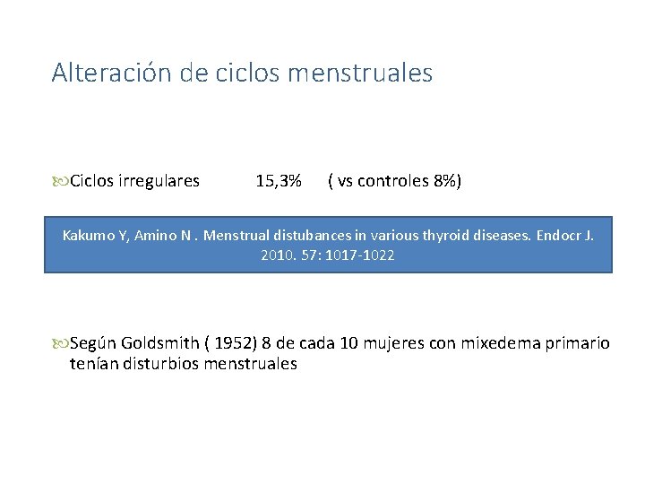 Alteración de ciclos menstruales Ciclos irregulares 15, 3% ( vs controles 8%) Kakumo Y,