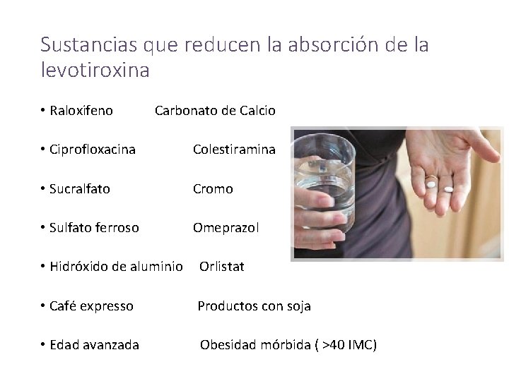 Sustancias que reducen la absorción de la levotiroxina • Raloxifeno Carbonato de Calcio •