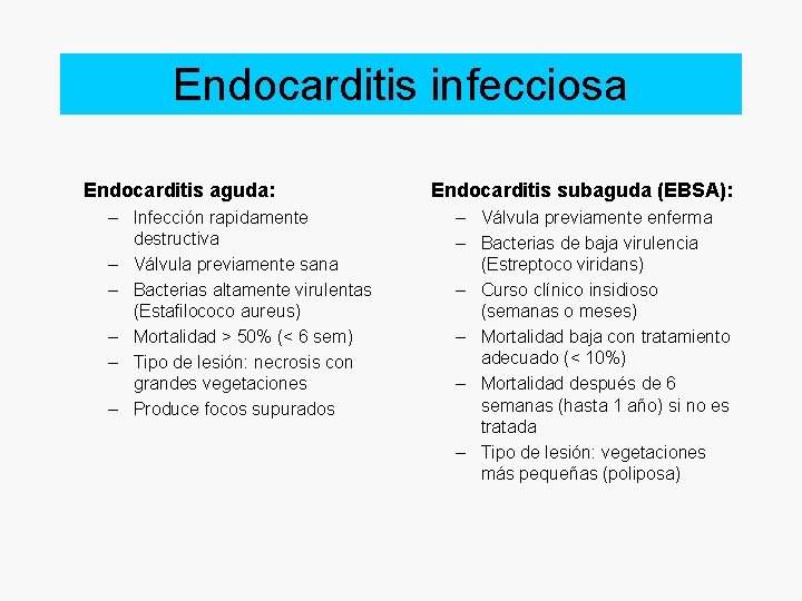 Endocarditis infecciosa Endocarditis aguda: – Infección rapidamente destructiva – Válvula previamente sana – Bacterias