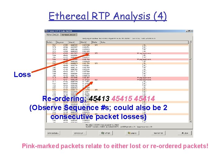 Ethereal RTP Analysis (4) Loss Re-ordering; 45413 45415 45414 (Observe Sequence #s; could also