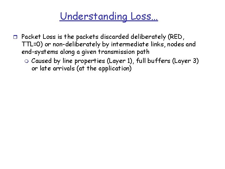 Understanding Loss… r Packet Loss is the packets discarded deliberately (RED, TTL=0) or non-deliberately