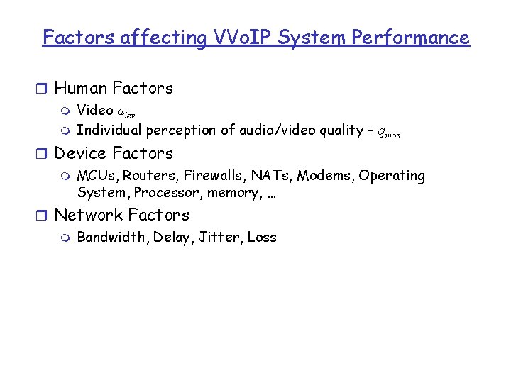 Factors affecting VVo. IP System Performance r Human Factors m Video alev m Individual