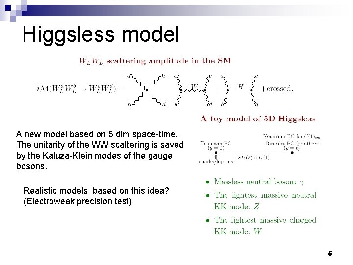 Higgsless model A new model based on 5 dim space-time. The unitarity of the