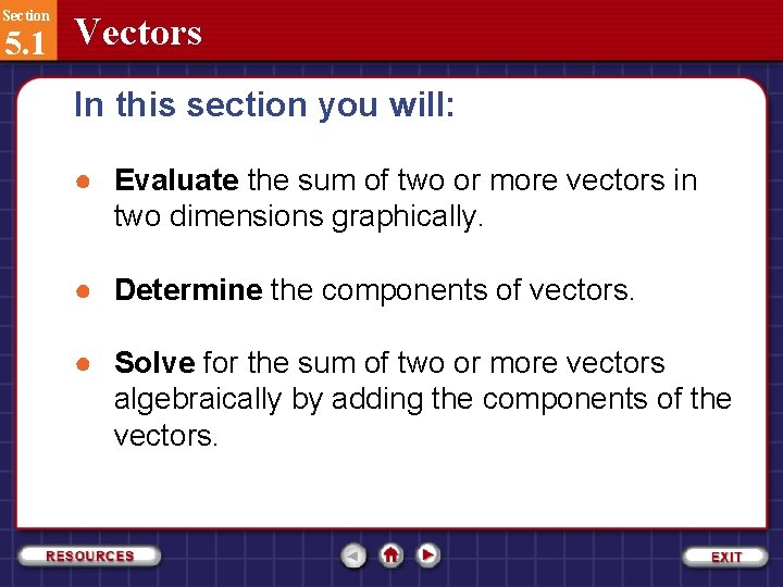 Section 5. 1 Vectors In this section you will: ● Evaluate the sum of