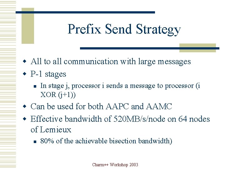 Prefix Send Strategy w All to all communication with large messages w P-1 stages