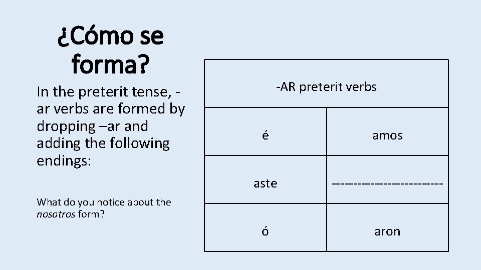 ¿Cómo se forma? In the preterit tense, ar verbs are formed by dropping –ar