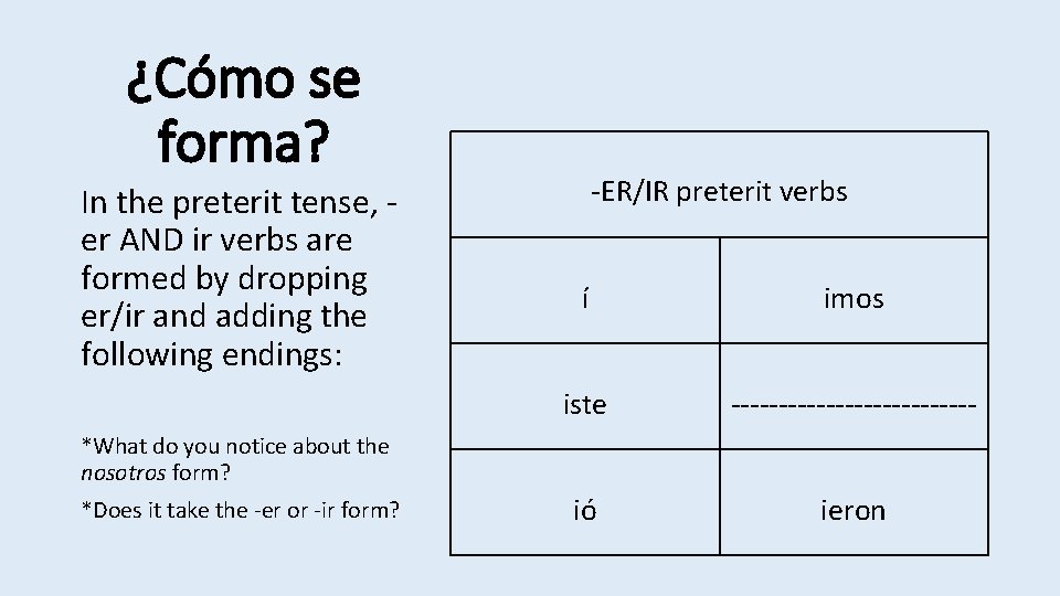 ¿Cómo se forma? In the preterit tense, er AND ir verbs are formed by