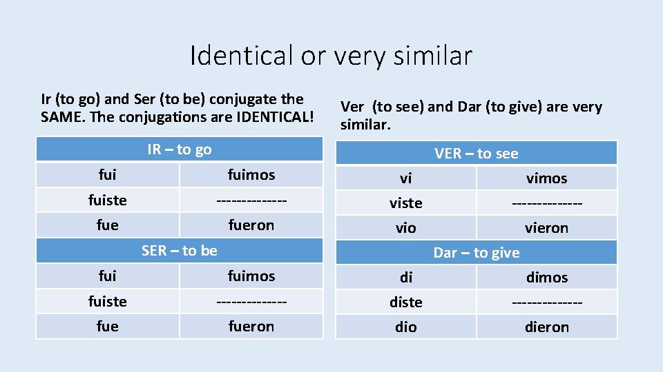 Identical or very similar Ir (to go) and Ser (to be) conjugate the SAME.