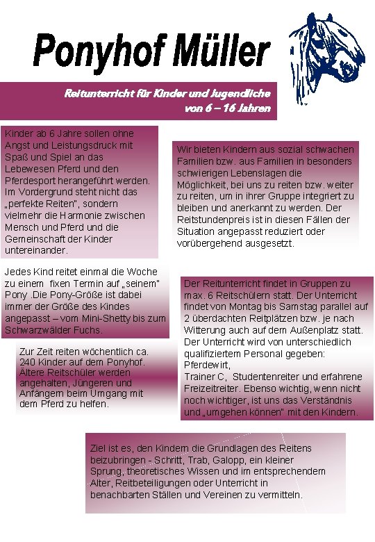 Reitunterricht für Kinder und Jugendliche von 6 – 16 Jahren Kinder ab 6 Jahre