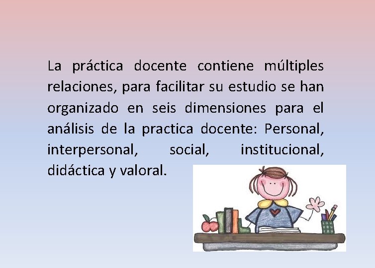 La práctica docente contiene múltiples relaciones, para facilitar su estudio se han organizado en