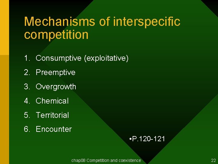 Mechanisms of interspecific competition 1. Consumptive (exploitative) 2. Preemptive 3. Overgrowth 4. Chemical 5.