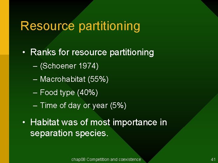 Resource partitioning • Ranks for resource partitioning – (Schoener 1974) – Macrohabitat (55%) –