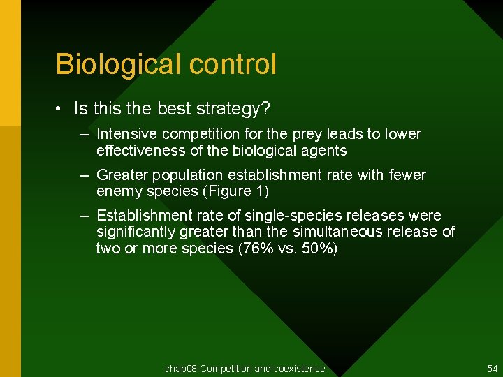 Biological control • Is this the best strategy? – Intensive competition for the prey