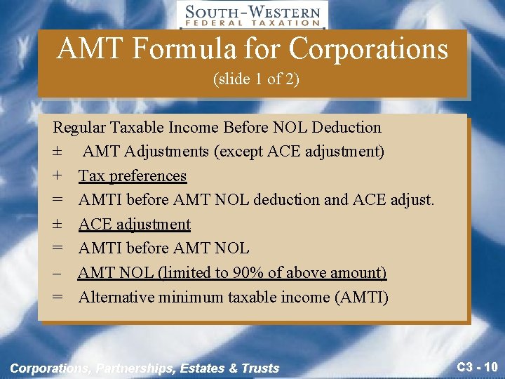 AMT Formula for Corporations (slide 1 of 2) Regular Taxable Income Before NOL Deduction