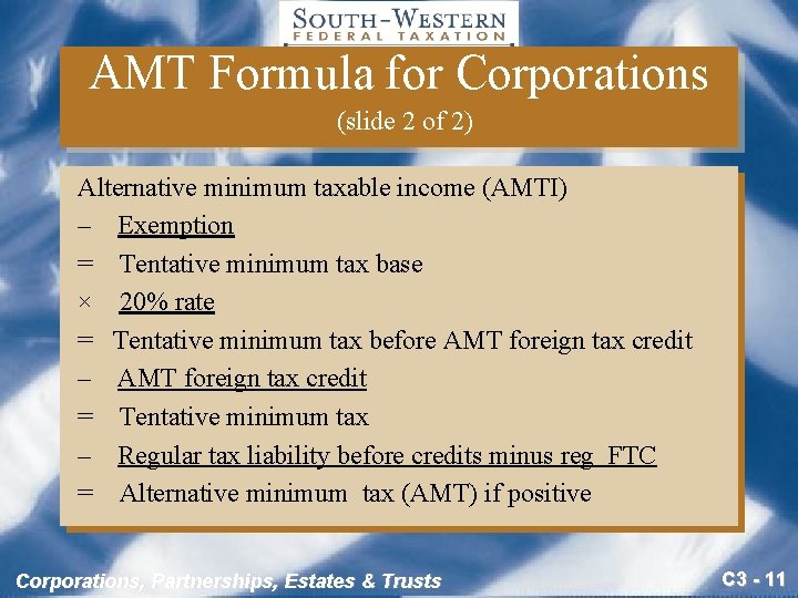 AMT Formula for Corporations (slide 2 of 2) Alternative minimum taxable income (AMTI) –