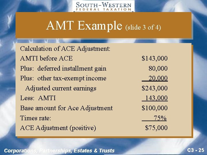 AMT Example (slide 3 of 4) Calculation of ACE Adjustment: AMTI before ACE Plus: