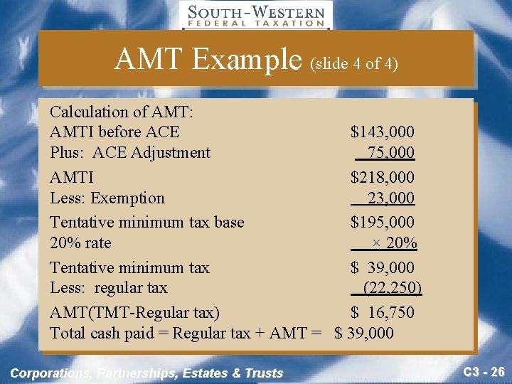 AMT Example (slide 4 of 4) Calculation of AMT: AMTI before ACE $143, 000