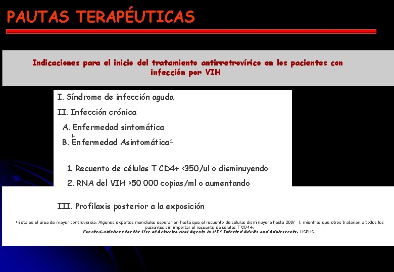 PAUTAS TERAPÉUTICAS Indicaciones para el inicio del tratamiento antirretrovírico en los pacientes con infección