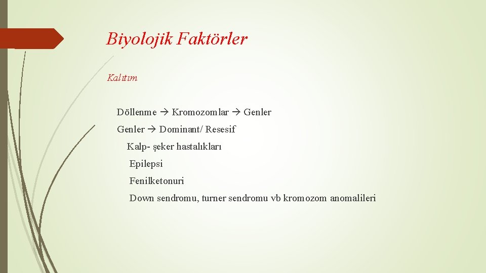 Biyolojik Faktörler Kalıtım Döllenme Kromozomlar Genler Dominant/ Resesif Kalp- şeker hastalıkları Epilepsi Fenilketonuri Down