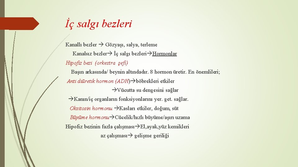 İç salgı bezleri Kanallı bezler Gözyaşı, salya, terleme Kanalsız bezler İç salgı bezleri Hormonlar