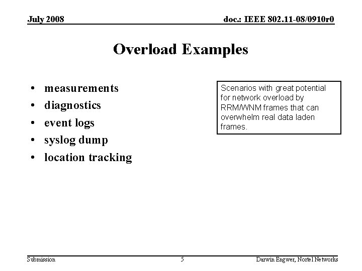July 2008 doc. : IEEE 802. 11 -08/0910 r 0 Overload Examples • •