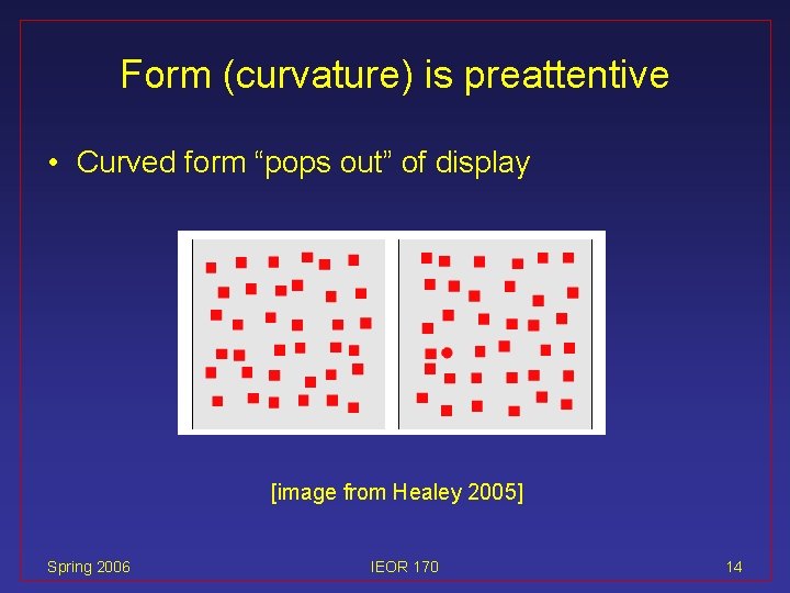 Form (curvature) is preattentive • Curved form “pops out” of display [image from Healey