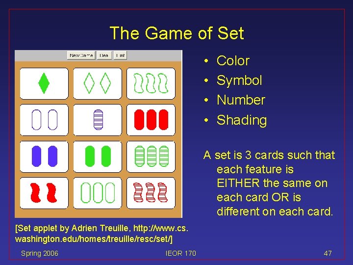 The Game of Set • • Color Symbol Number Shading A set is 3