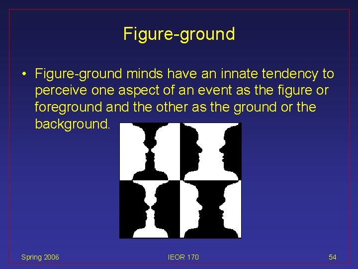 Figure-ground • Figure-ground minds have an innate tendency to perceive one aspect of an