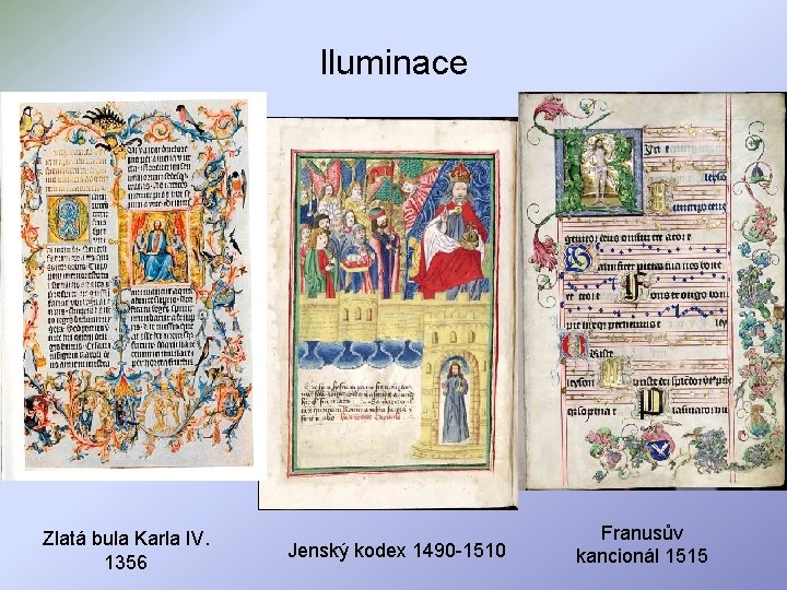 Iluminace Zlatá bula Karla IV. 1356 Jenský kodex 1490 -1510 Franusův kancionál 1515 