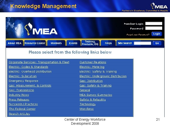 Knowledge Management Partners in Excellence, Committed to Results Center of Energy Workforce Development 2008