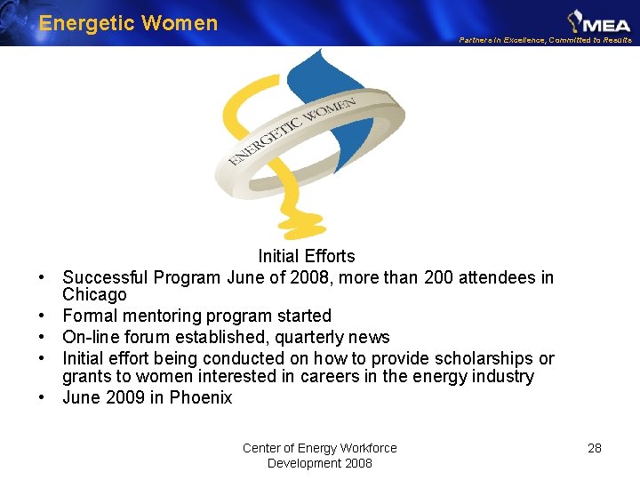 Energetic Women Partners in Excellence, Committed to Results • • • Initial Efforts Successful