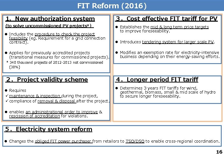 FIT Reform (2016) 1．New authorization system (to solve uncommissioned PV projects*） l Includes the