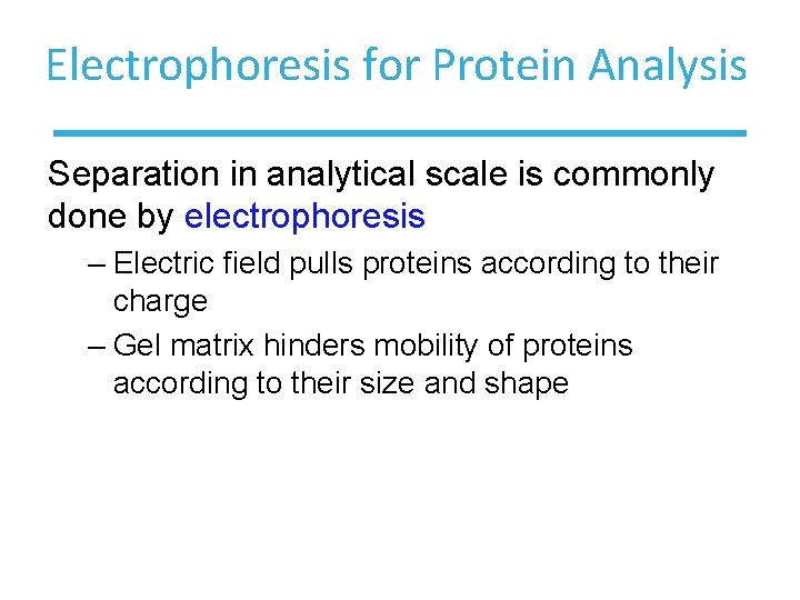 Electrophoresis for Protein Analysis Separation in analytical scale is commonly done by electrophoresis –