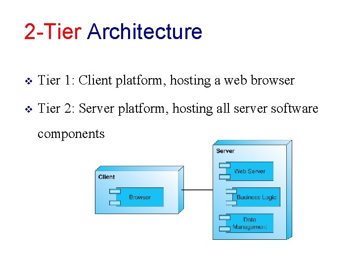 2 -Tier Architecture v Tier 1: Client platform, hosting a web browser v Tier