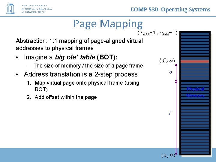 COMP 530: Operating Systems Page Mapping (f. MAX-1, o. MAX-1) Abstraction: 1: 1 mapping