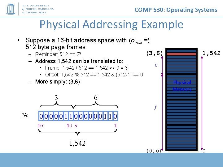 COMP 530: Operating Systems Physical Addressing Example • Suppose a 16 -bit address space