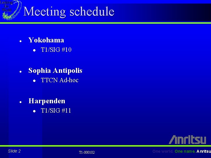 Meeting schedule l Yokohama l l Sophia Antipolis l l TTCN Ad-hoc Harpenden l