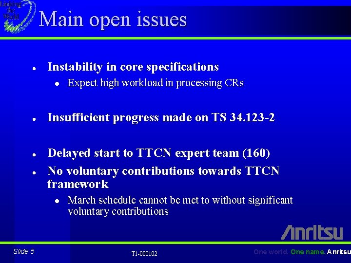Main open issues l Instability in core specifications l l Insufficient progress made on