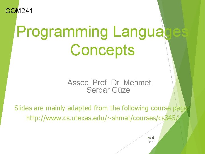 COM 241 Programming Languages Concepts Assoc. Prof. Dr. Mehmet Serdar Güzel Slides are mainly
