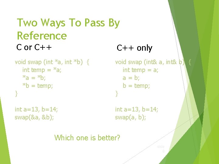 Two Ways To Pass By Reference C or C++ only void swap (int *a,