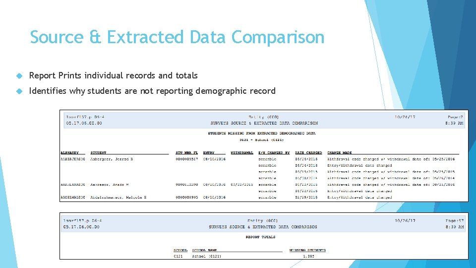 Source & Extracted Data Comparison Report Prints individual records and totals Identifies why students