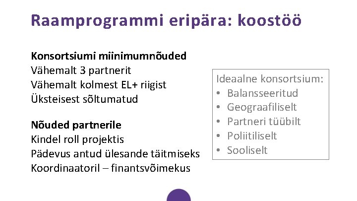 Raamprogrammi eripära: koostöö Konsortsiumi miinimumnõuded Vähemalt 3 partnerit Vähemalt kolmest EL+ riigist Üksteisest sõltumatud