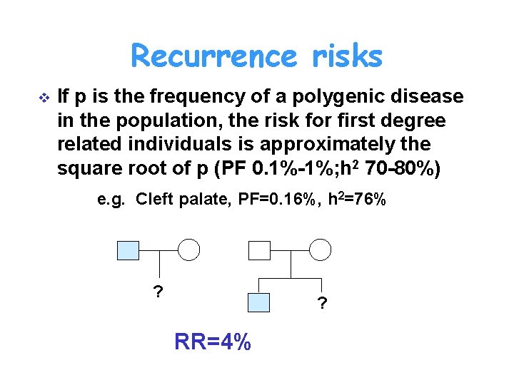 Recurrence risks v If p is the frequency of a polygenic disease in the