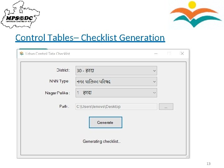 Control Tables– Checklist Generation 13 