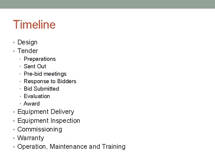 Timeline • Design • Tender • Preparations • Sent Out • Pre-bid meetings •
